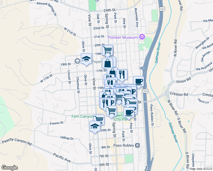 map of restaurants, bars, coffee shops, grocery stores, and more near 1445 Oak Street in Paso Robles