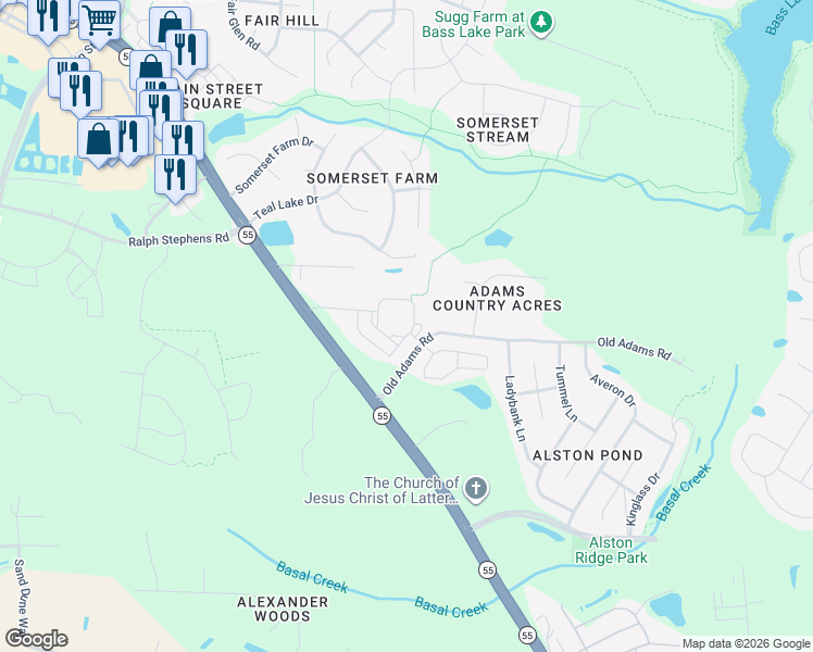 map of restaurants, bars, coffee shops, grocery stores, and more near 10105 Penuche Way in Holly Springs