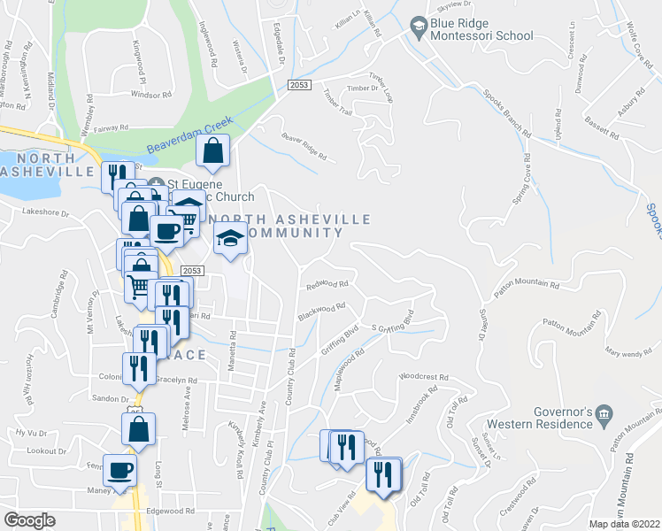 map of restaurants, bars, coffee shops, grocery stores, and more near 40 Dogwood Road in Asheville