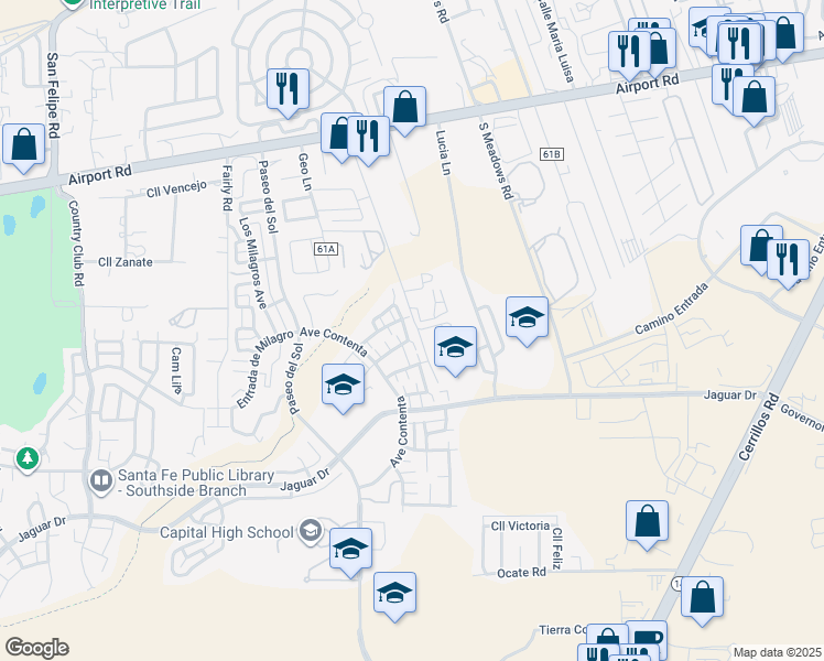 map of restaurants, bars, coffee shops, grocery stores, and more near 6020 Monte Azul Place in Santa Fe