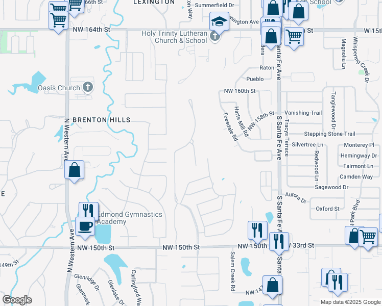 map of restaurants, bars, coffee shops, grocery stores, and more near 15701 Traditions Drive in Edmond