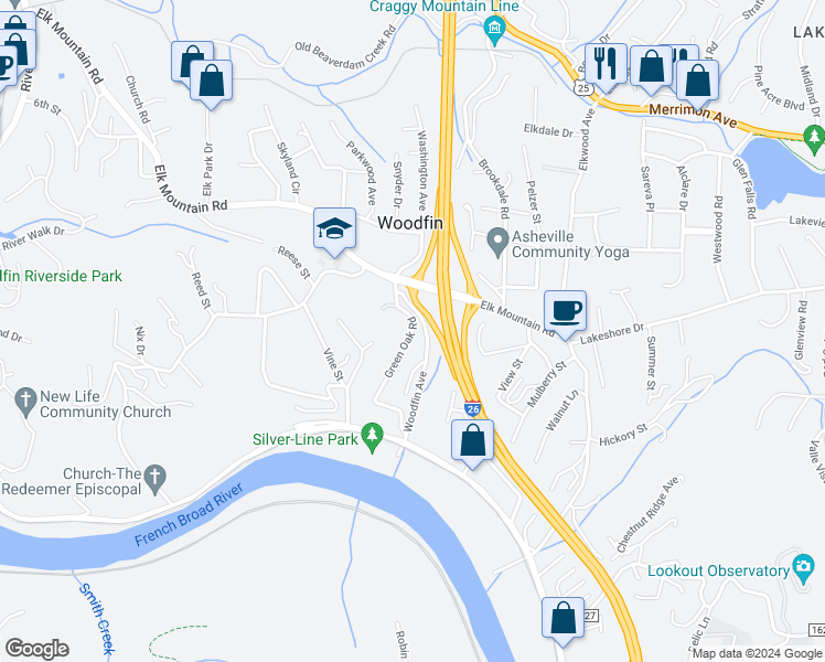 map of restaurants, bars, coffee shops, grocery stores, and more near Green Oak Road in Asheville