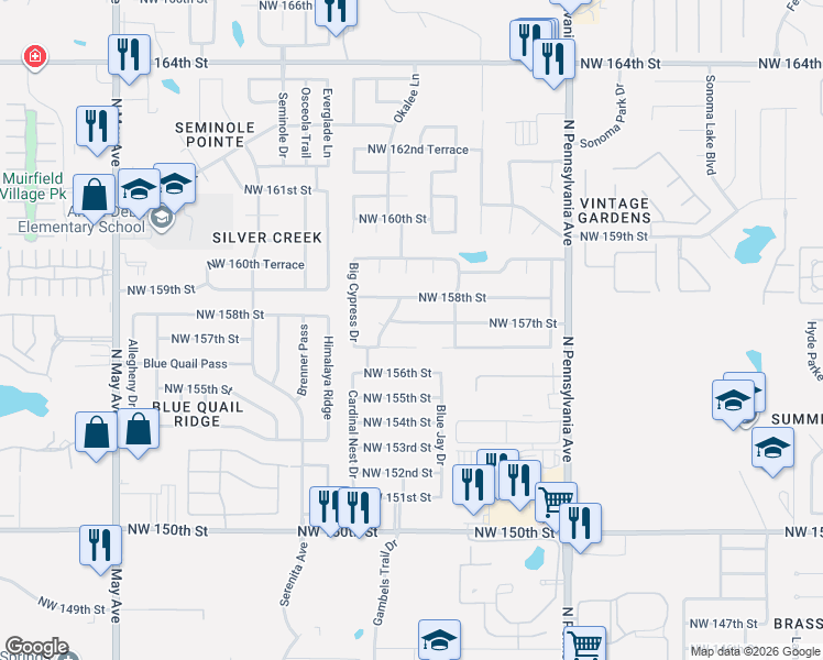map of restaurants, bars, coffee shops, grocery stores, and more near 2332 Northwest 157th Terrace in Edmond