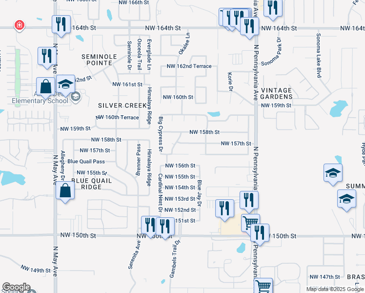 map of restaurants, bars, coffee shops, grocery stores, and more near 2332 Northwest 157th Terrace in Edmond