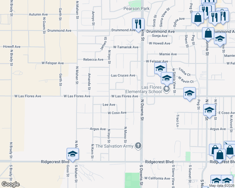 map of restaurants, bars, coffee shops, grocery stores, and more near 1024 West Las Flores Avenue in Ridgecrest