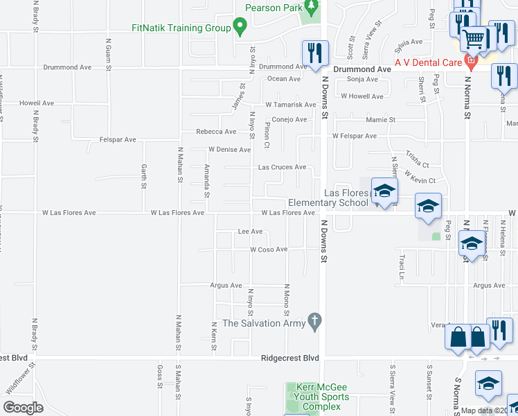 map of restaurants, bars, coffee shops, grocery stores, and more near 1024 West Las Flores Avenue in Ridgecrest