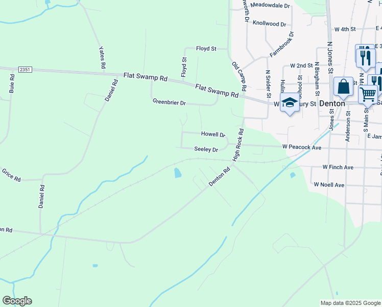map of restaurants, bars, coffee shops, grocery stores, and more near 287 Seeley Drive in Denton