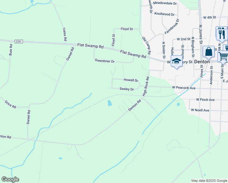 map of restaurants, bars, coffee shops, grocery stores, and more near Seeley Drive in Denton