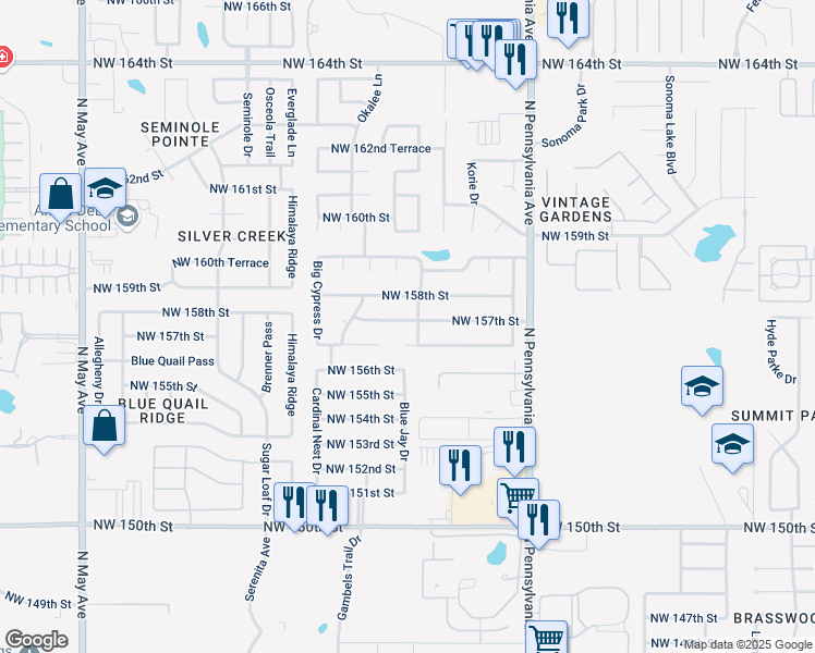 map of restaurants, bars, coffee shops, grocery stores, and more near 2304 Northwest 157th Street in Edmond