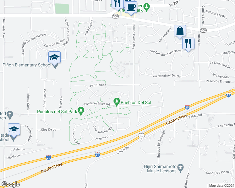 map of restaurants, bars, coffee shops, grocery stores, and more near 2836 Pueblo Jacona in Santa Fe