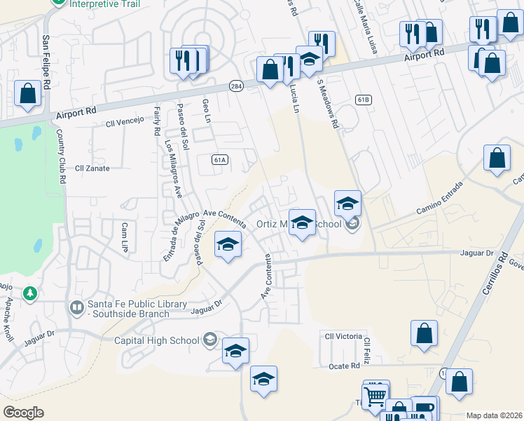 map of restaurants, bars, coffee shops, grocery stores, and more near 6071 Monte Azul Place in Santa Fe
