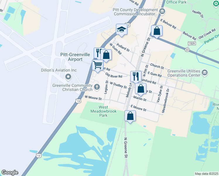 map of restaurants, bars, coffee shops, grocery stores, and more near 1007 Taylor Street in Greenville