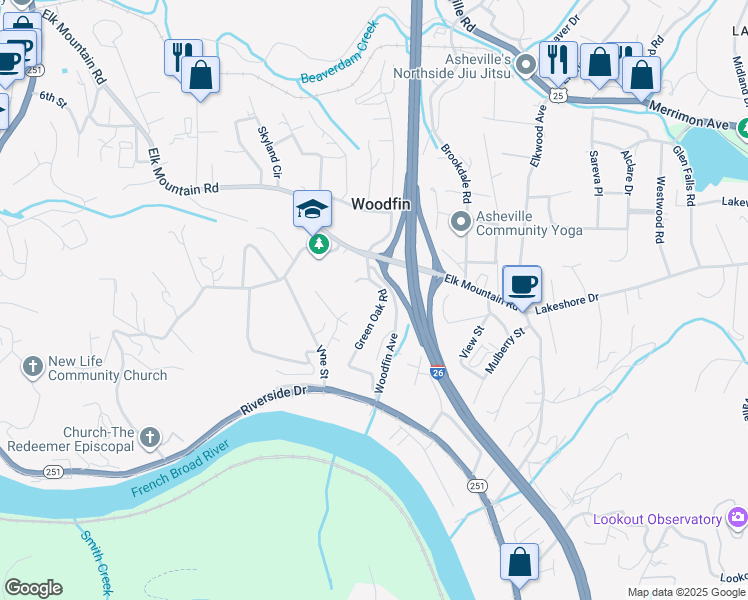 map of restaurants, bars, coffee shops, grocery stores, and more near 31 Green Oak Road in Woodfin