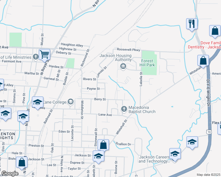 map of restaurants, bars, coffee shops, grocery stores, and more near 425 Berry Street in Jackson