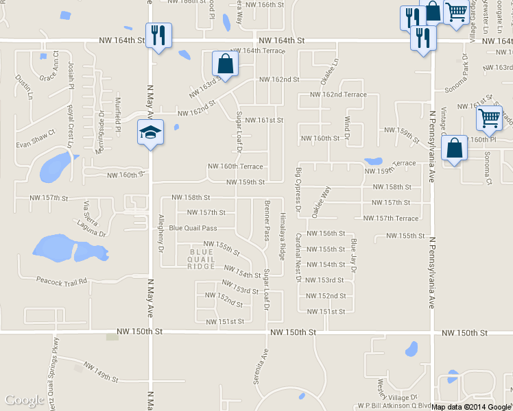 map of restaurants, bars, coffee shops, grocery stores, and more near 15804 Shadow Mountain Drive in Edmond