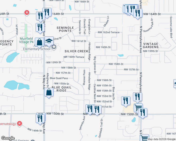 map of restaurants, bars, coffee shops, grocery stores, and more near 15704 Himalaya Ridge in Edmond