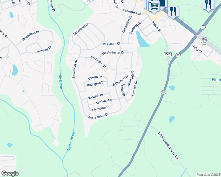map of restaurants, bars, coffee shops, grocery stores, and more near 106 Yarmouth Drive in Clayton