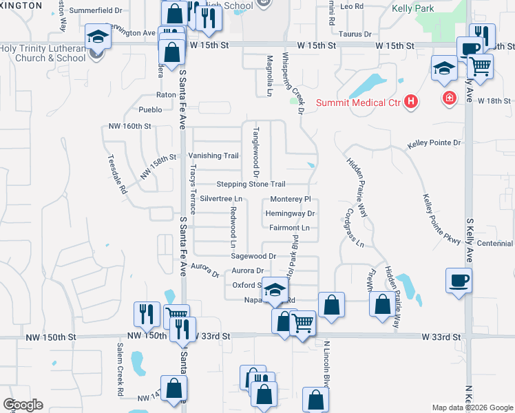 map of restaurants, bars, coffee shops, grocery stores, and more near 2601 Prescott Avenue in Edmond