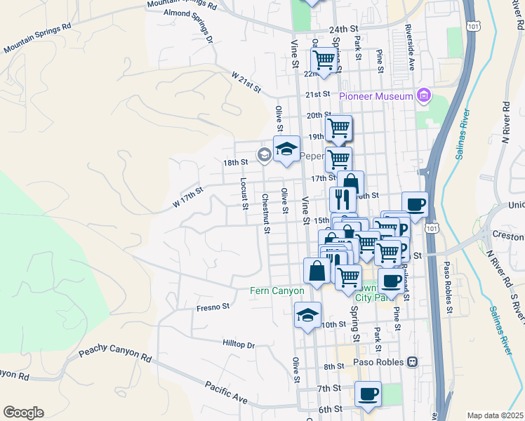map of restaurants, bars, coffee shops, grocery stores, and more near 221 15th Street in Paso Robles