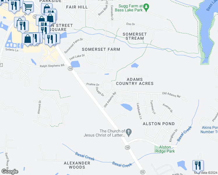 map of restaurants, bars, coffee shops, grocery stores, and more near 10105 Penuche Way in Holly Springs
