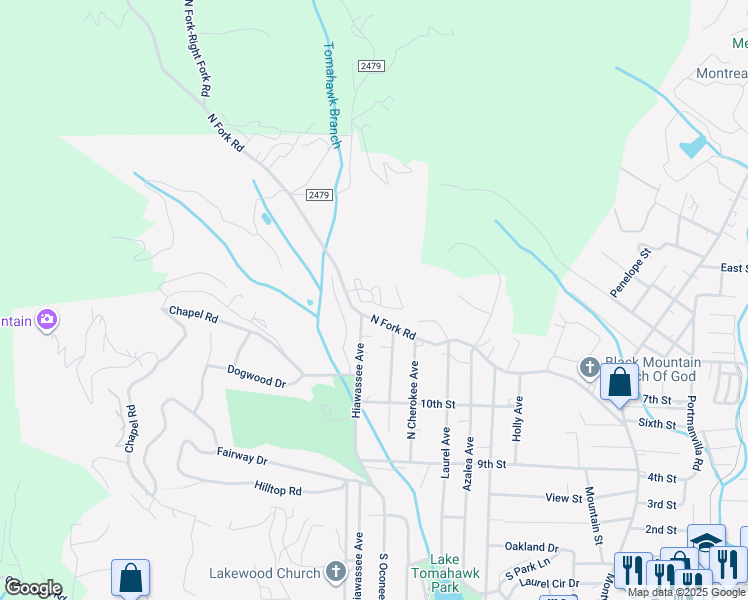 map of restaurants, bars, coffee shops, grocery stores, and more near 264 North Fork Road in Black Mountain