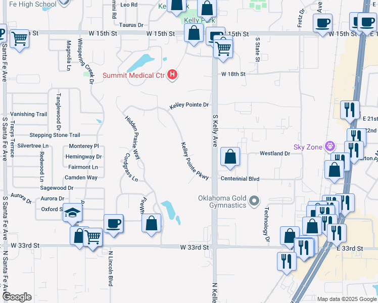map of restaurants, bars, coffee shops, grocery stores, and more near 2575 Kelley Pointe Parkway in Edmond