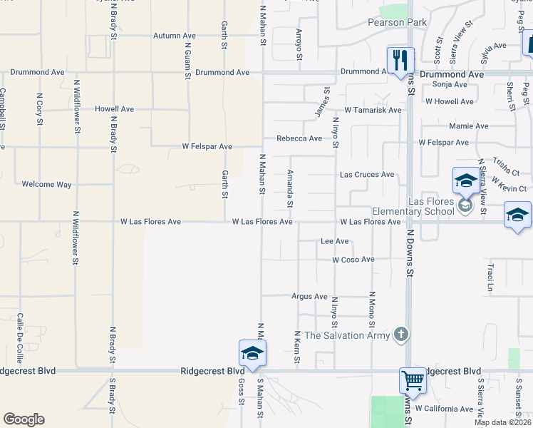 map of restaurants, bars, coffee shops, grocery stores, and more near 1241 West Las Flores Avenue in Ridgecrest