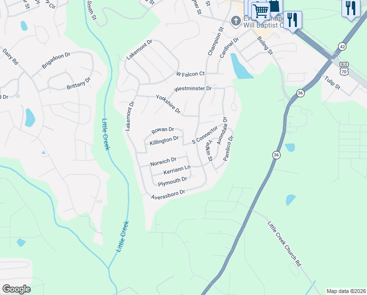 map of restaurants, bars, coffee shops, grocery stores, and more near 80 Norwich Drive in Clayton