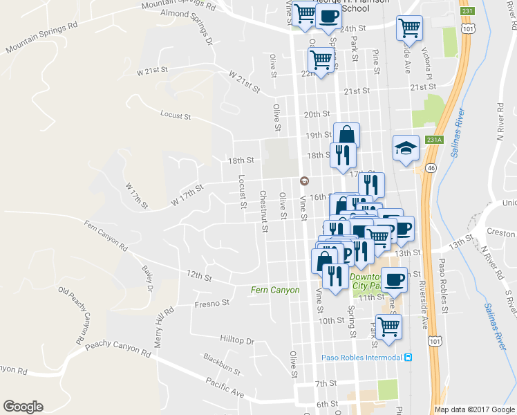 map of restaurants, bars, coffee shops, grocery stores, and more near 240 16th Street in Paso Robles
