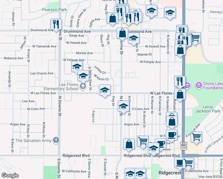 map of restaurants, bars, coffee shops, grocery stores, and more near 571 North Norma Street in Ridgecrest