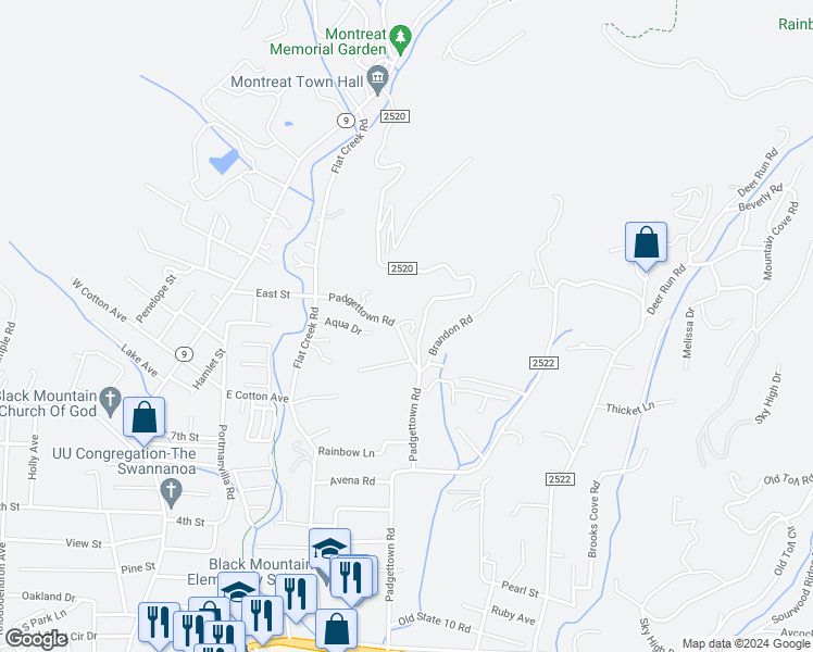 map of restaurants, bars, coffee shops, grocery stores, and more near 1 Silver Lining Drive in Black Mountain