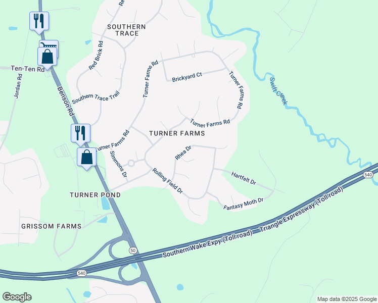 map of restaurants, bars, coffee shops, grocery stores, and more near 1308 Rhea Drive in Garner