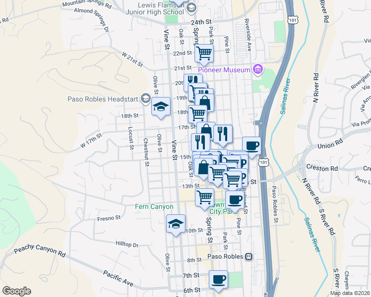 map of restaurants, bars, coffee shops, grocery stores, and more near 1612 Oak Street in Paso Robles