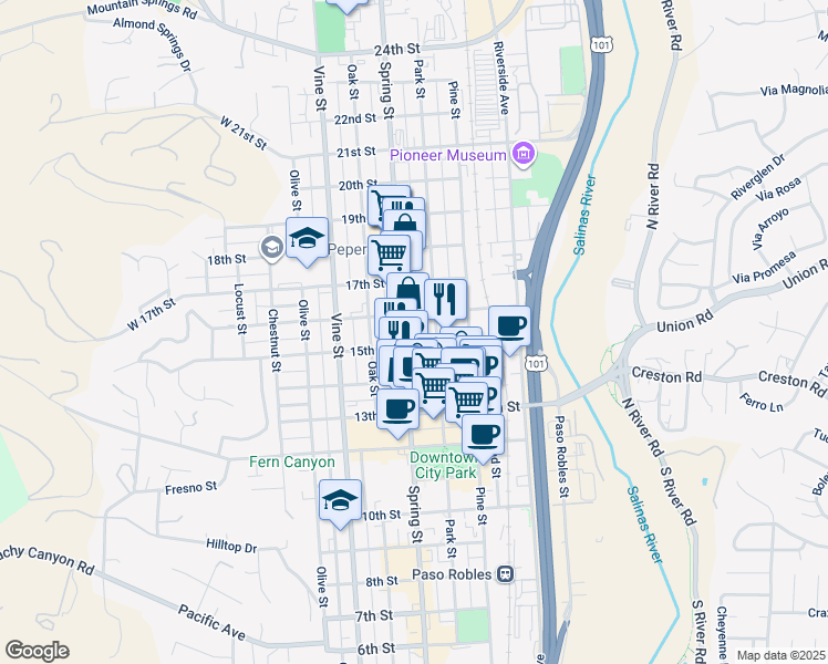 map of restaurants, bars, coffee shops, grocery stores, and more near 1602 Spring Street in Paso Robles