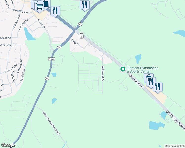 map of restaurants, bars, coffee shops, grocery stores, and more near 720-758 Wildwood Drive in Clayton