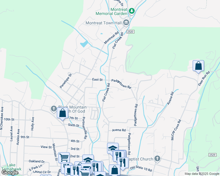 map of restaurants, bars, coffee shops, grocery stores, and more near 725 Padgettown Road in Black Mountain