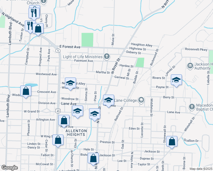 map of restaurants, bars, coffee shops, grocery stores, and more near 19 Northwood Avenue in Jackson