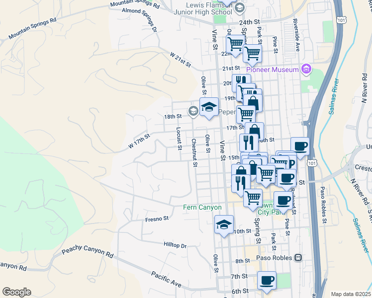 map of restaurants, bars, coffee shops, grocery stores, and more near 220 16th Street in Paso Robles