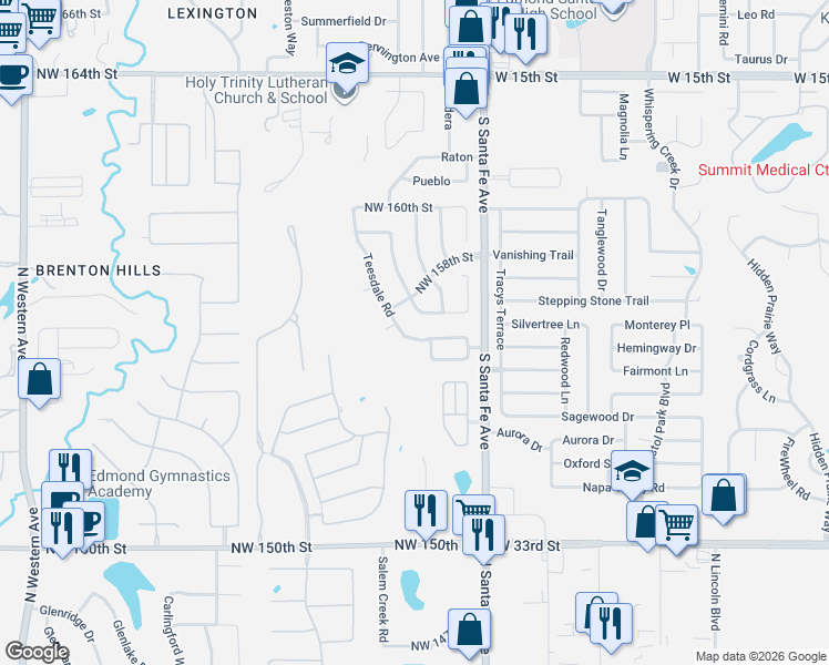 map of restaurants, bars, coffee shops, grocery stores, and more near 15817 Harts Mill Road in Edmond