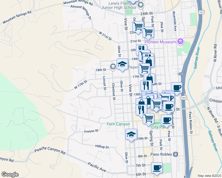 map of restaurants, bars, coffee shops, grocery stores, and more near 240 16th Street in Paso Robles