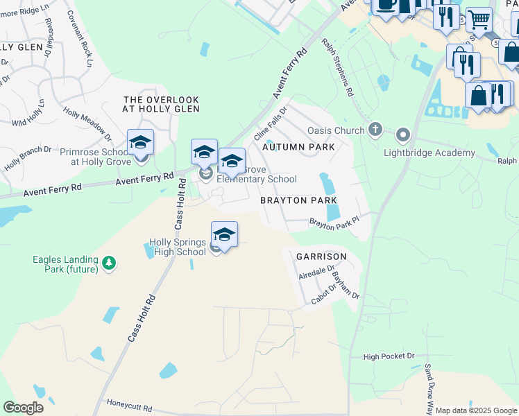 map of restaurants, bars, coffee shops, grocery stores, and more near 118 Cline Falls Drive in Holly Springs