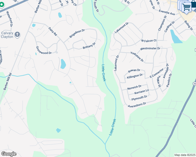 map of restaurants, bars, coffee shops, grocery stores, and more near 115 Little Horse Lane in Clayton