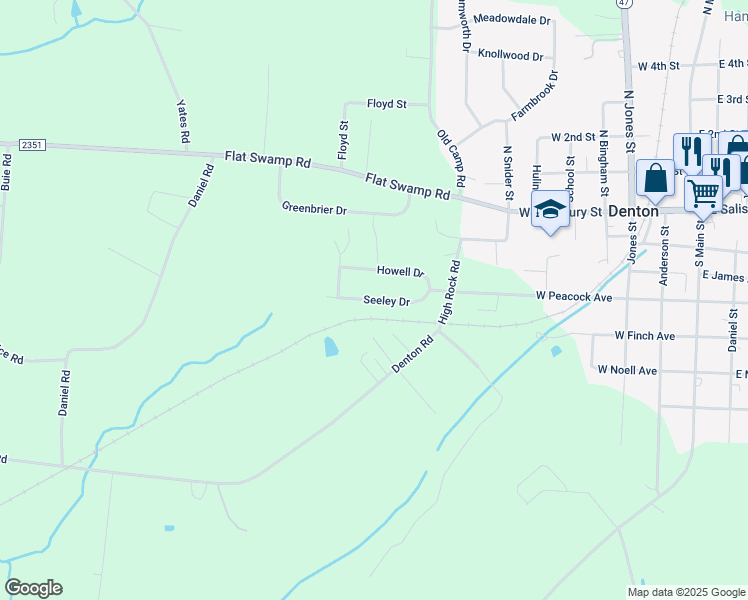 map of restaurants, bars, coffee shops, grocery stores, and more near Seeley Drive in Denton