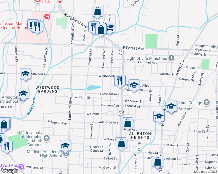 map of restaurants, bars, coffee shops, grocery stores, and more near 327 Park Avenue in Jackson