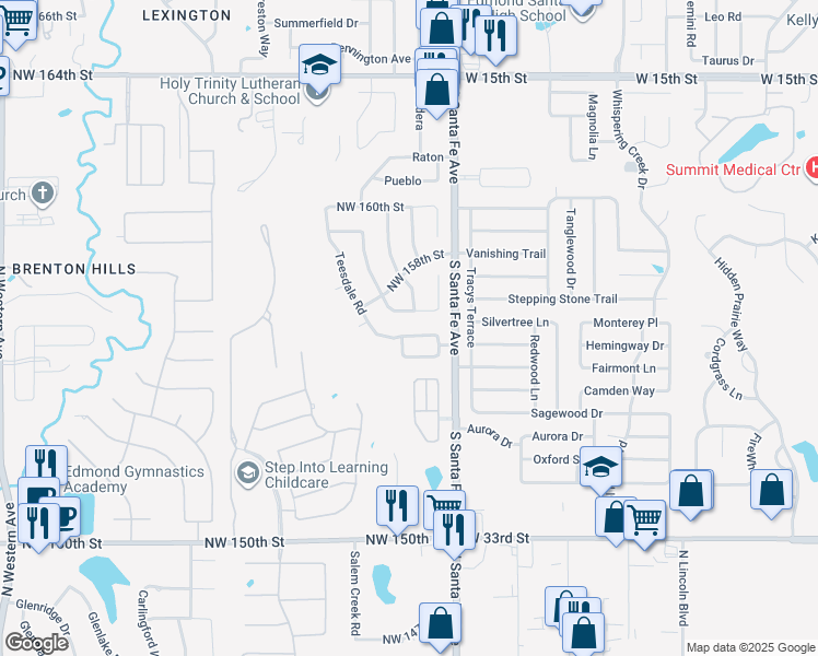 map of restaurants, bars, coffee shops, grocery stores, and more near 33 Northwest 156th Street in Edmond