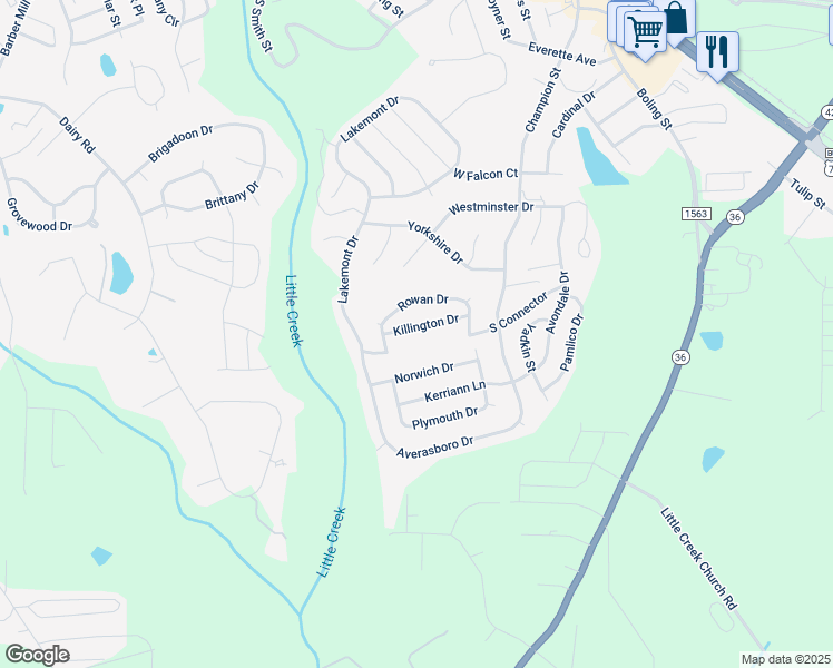 map of restaurants, bars, coffee shops, grocery stores, and more near 149 killington Drive in Clayton