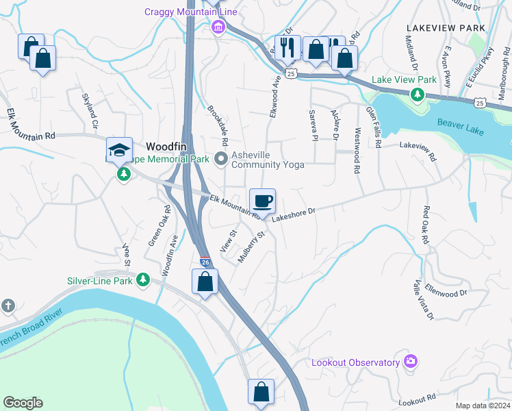 map of restaurants, bars, coffee shops, grocery stores, and more near 140 Elkwood Avenue in Woodfin