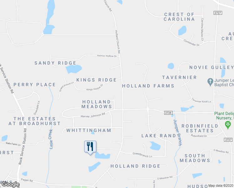 map of restaurants, bars, coffee shops, grocery stores, and more near 5505 Meadowland Lane in Raleigh