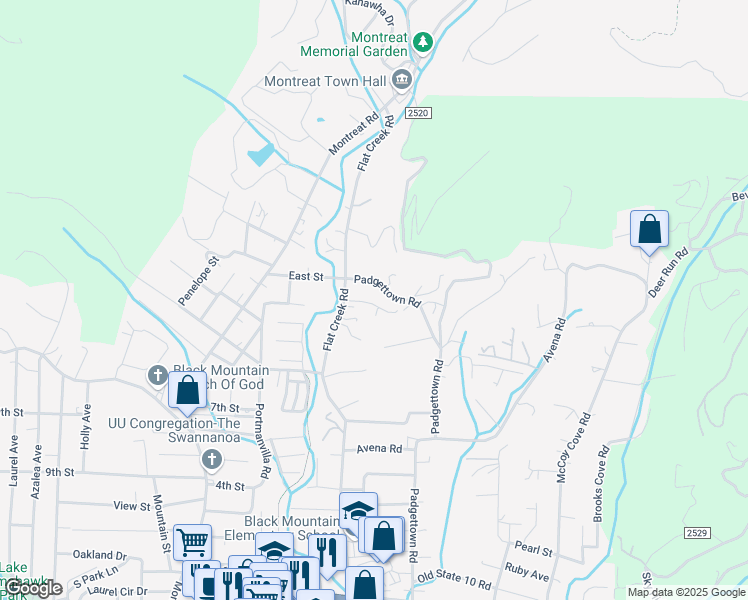 map of restaurants, bars, coffee shops, grocery stores, and more near 18 Aqua Drive in Black Mountain