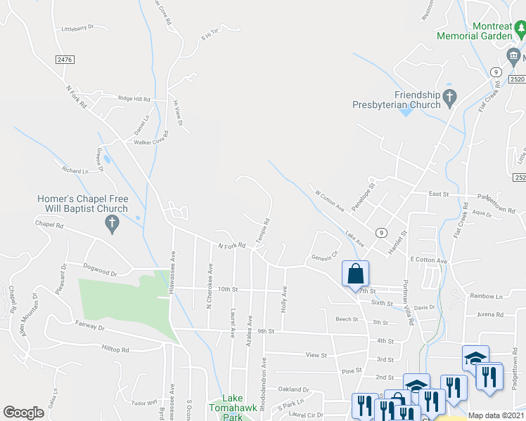 map of restaurants, bars, coffee shops, grocery stores, and more near 97 Temple Road in Black Mountain
